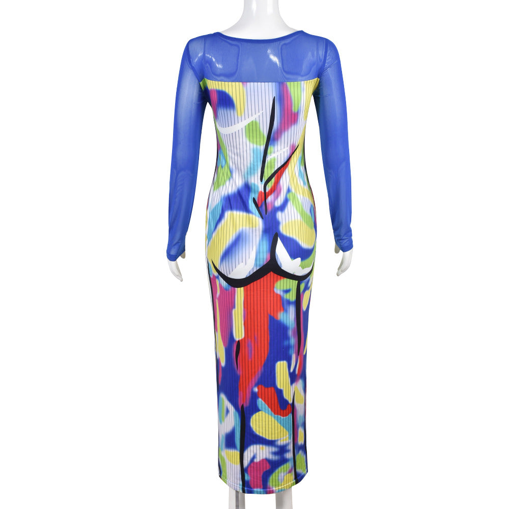 Women's Mesh Long Sleeve Square Neck Printed Dress 11