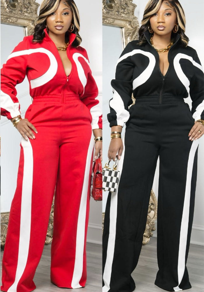 Women's Fashion Casual Sports Winter Color Block Zipper Elastic Waist Jumpsuit