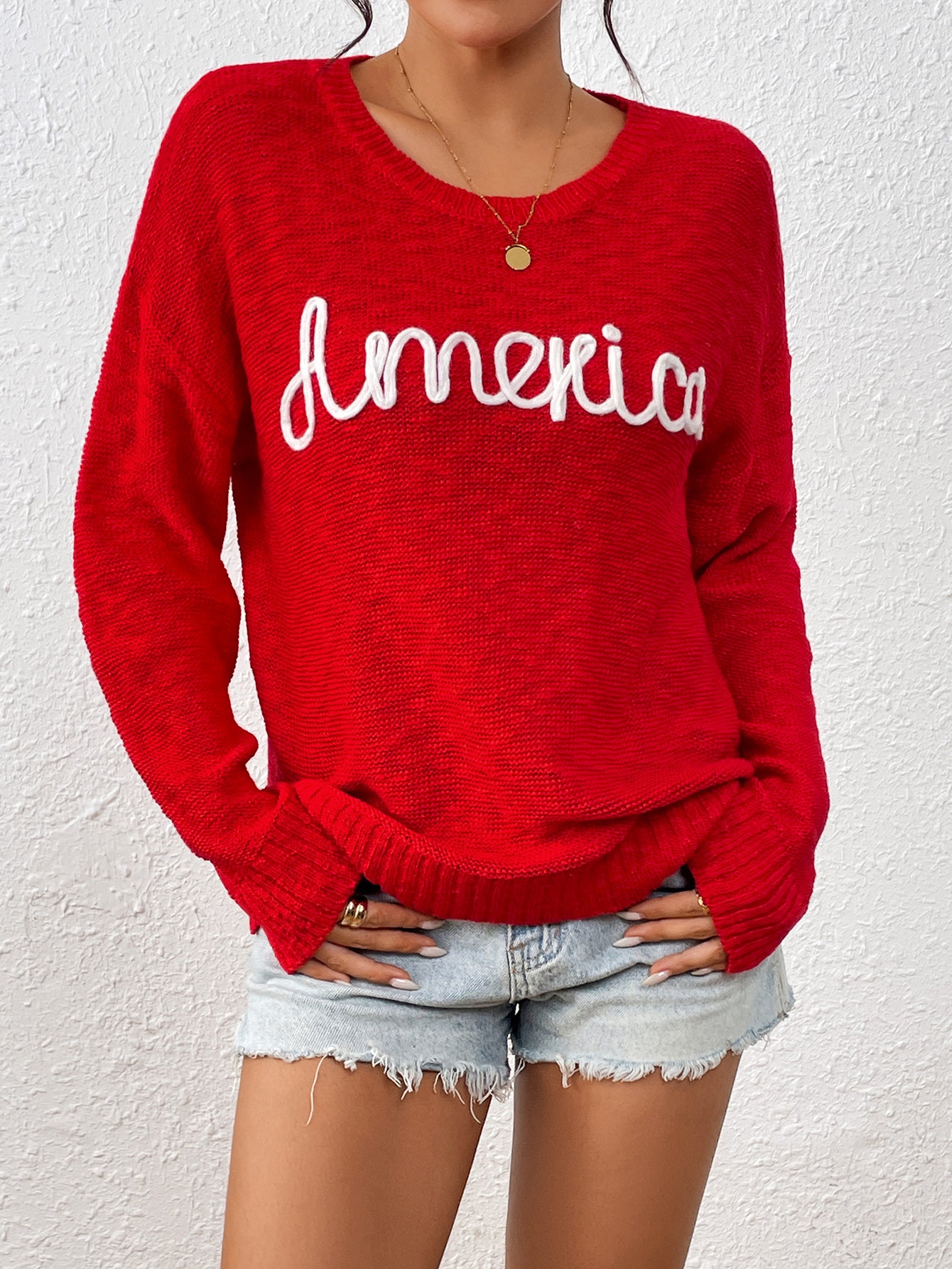Women Knitting Round Neck Letter Long Sleeve Sweater 4