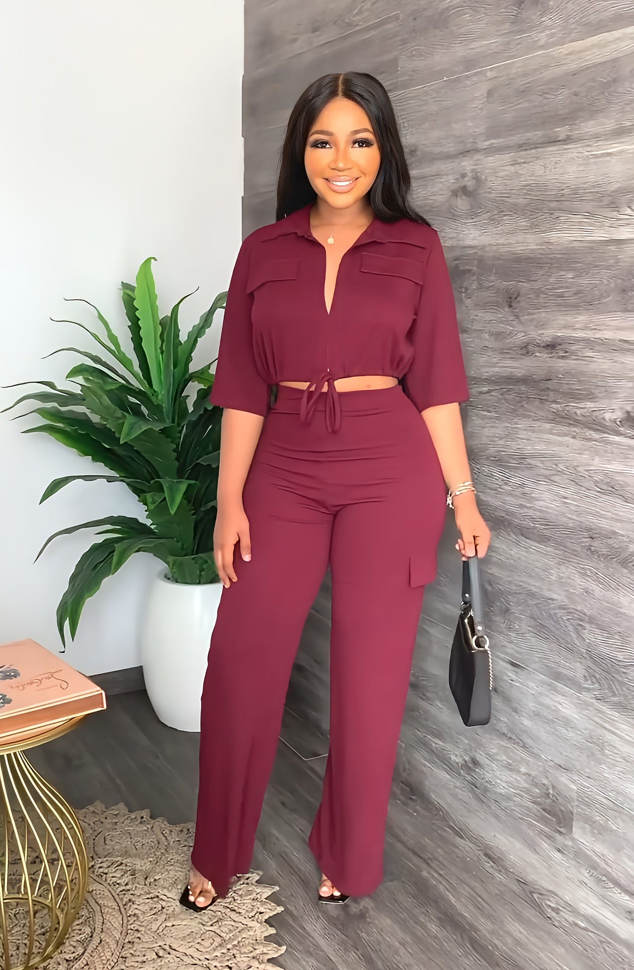 Women Casual Rope Half Sleeve Top+ Pant Two Pieces 5