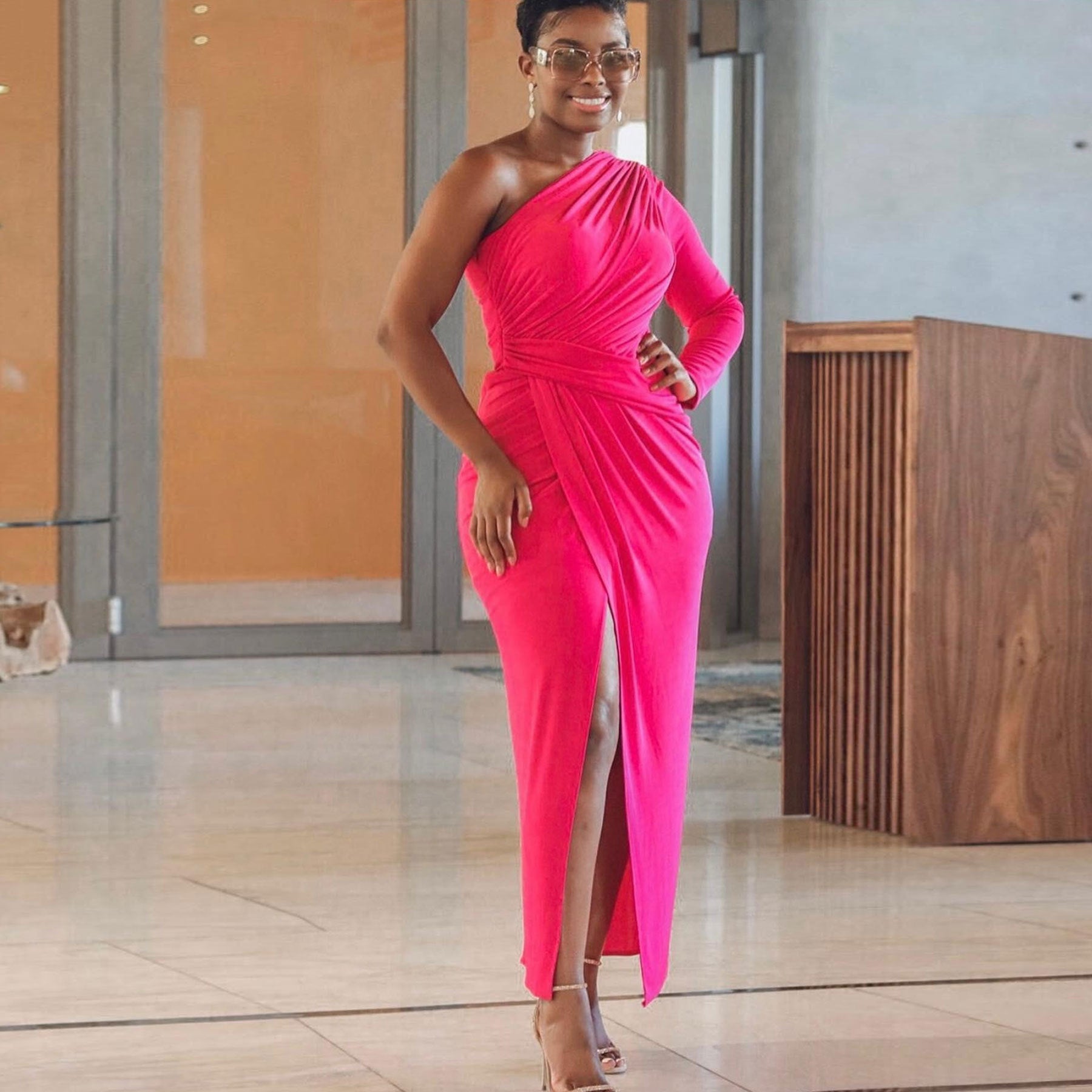 Women Sexy Solid Slit One Shoulder Dress 5