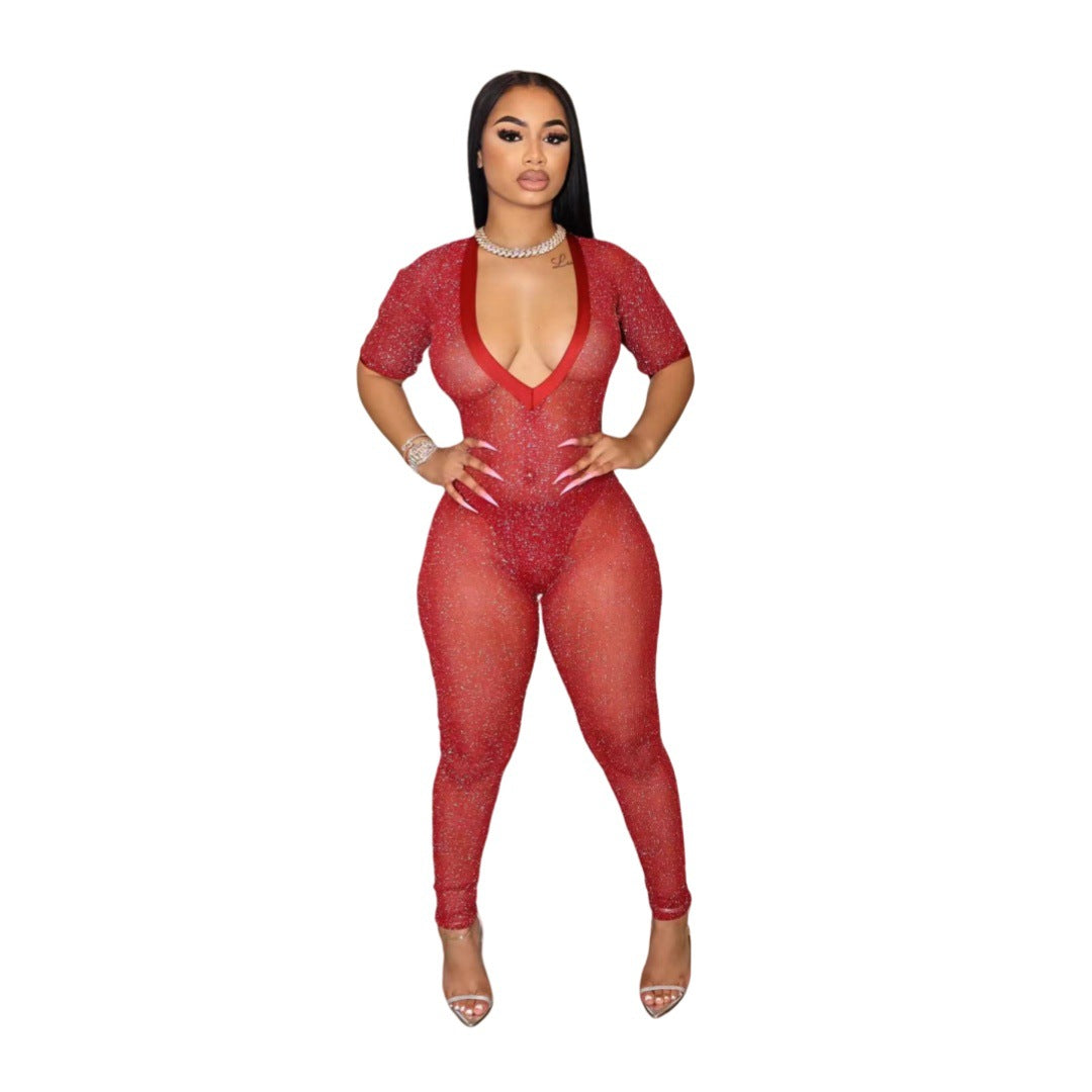 Women's Fashion Sexy Transparent V-Neck Jumpsuit 4