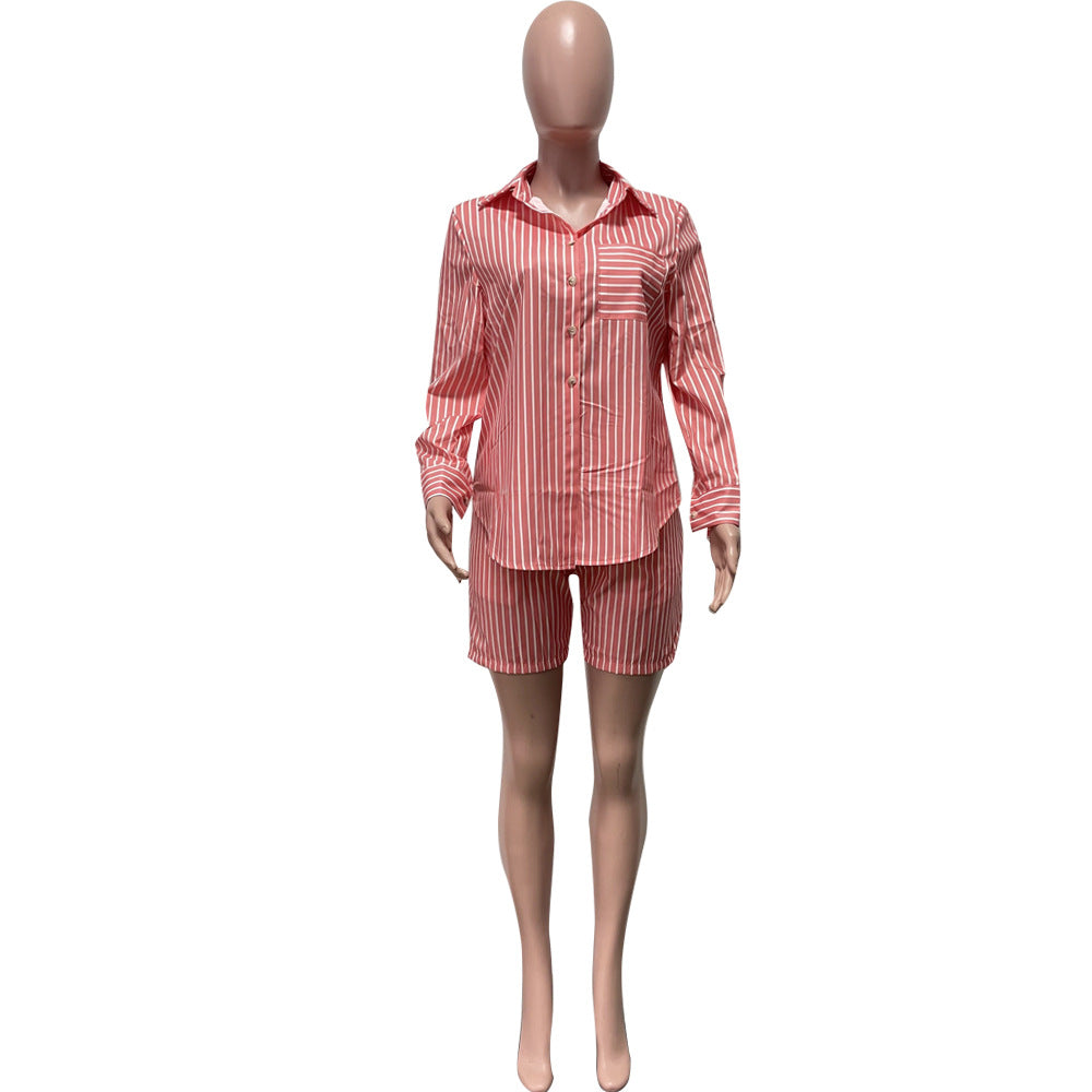 Women's Fashion Casual Stripe Patch Pocket Summer Shirt Shorts Two-Piece Set 18