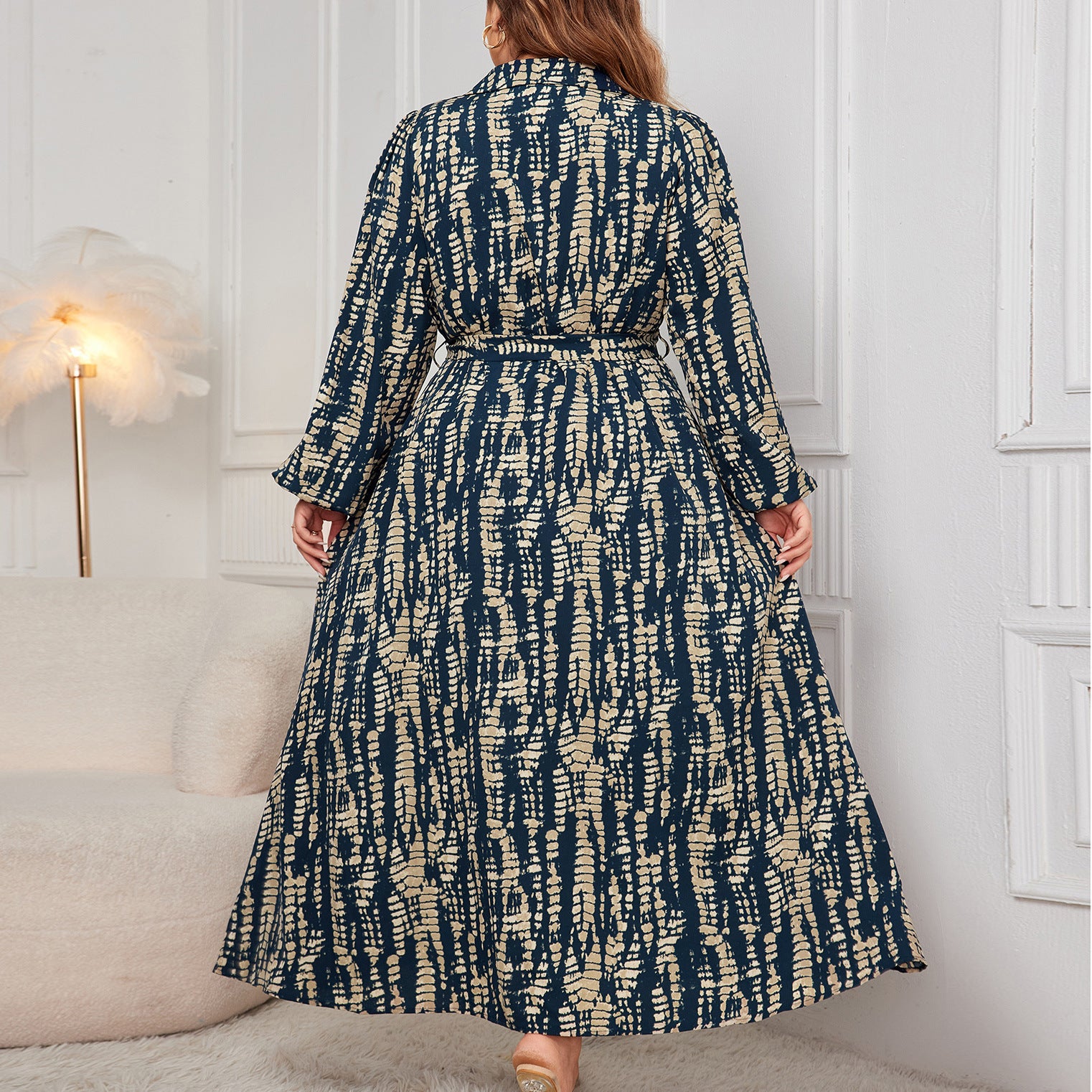 Plus Size Printed Trundown Collar Long-Sleeved Belt Maxi Dress 5