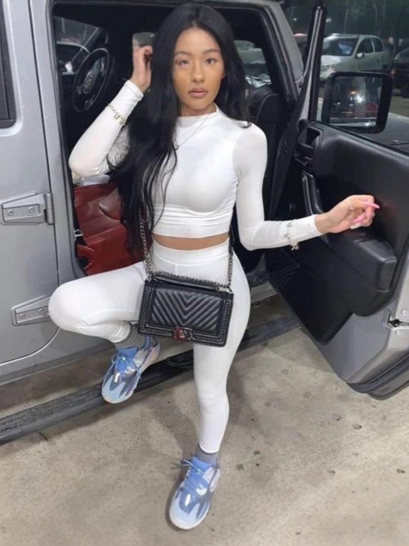 Women Fall Round Neck Long-Sleeved Top and Pants Two-Piece Set