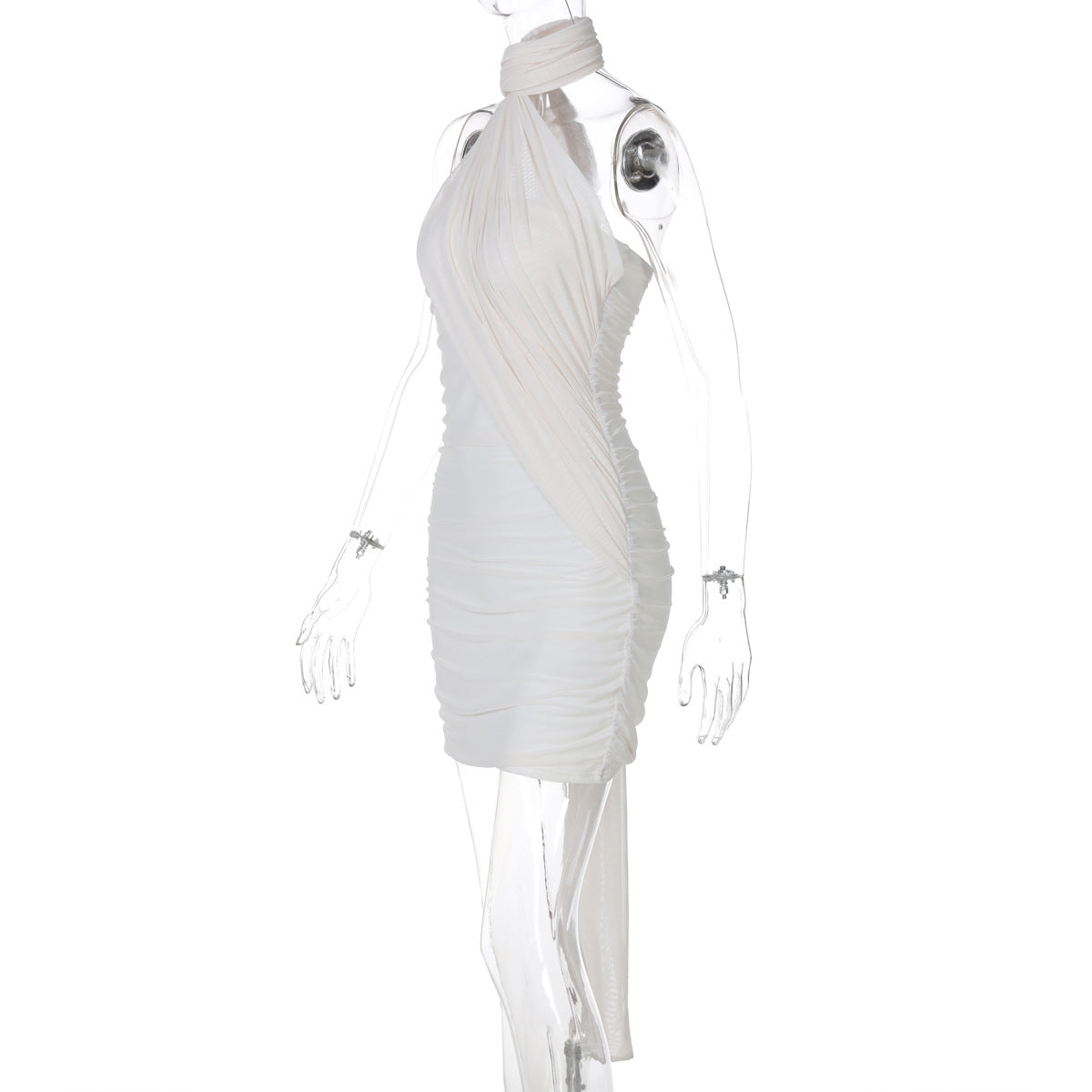 Summer Mesh Patchwork Ribbon Halter Neck Solid Color Bodycon Dress for Women 10