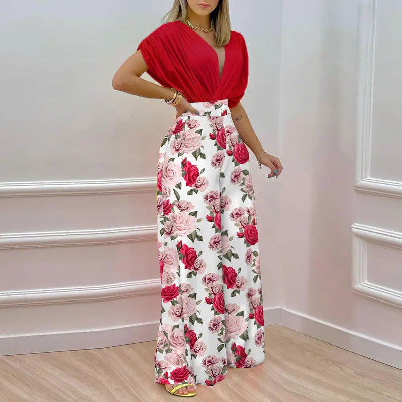 Women's Spring Summer Solid Bat Sleeves Top Print Wide Leg Pants Two-Piece Set 9