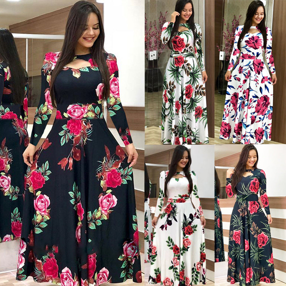 Women Sexy Fashion Floral Botanical Print Short Sleeve Maxi Dress