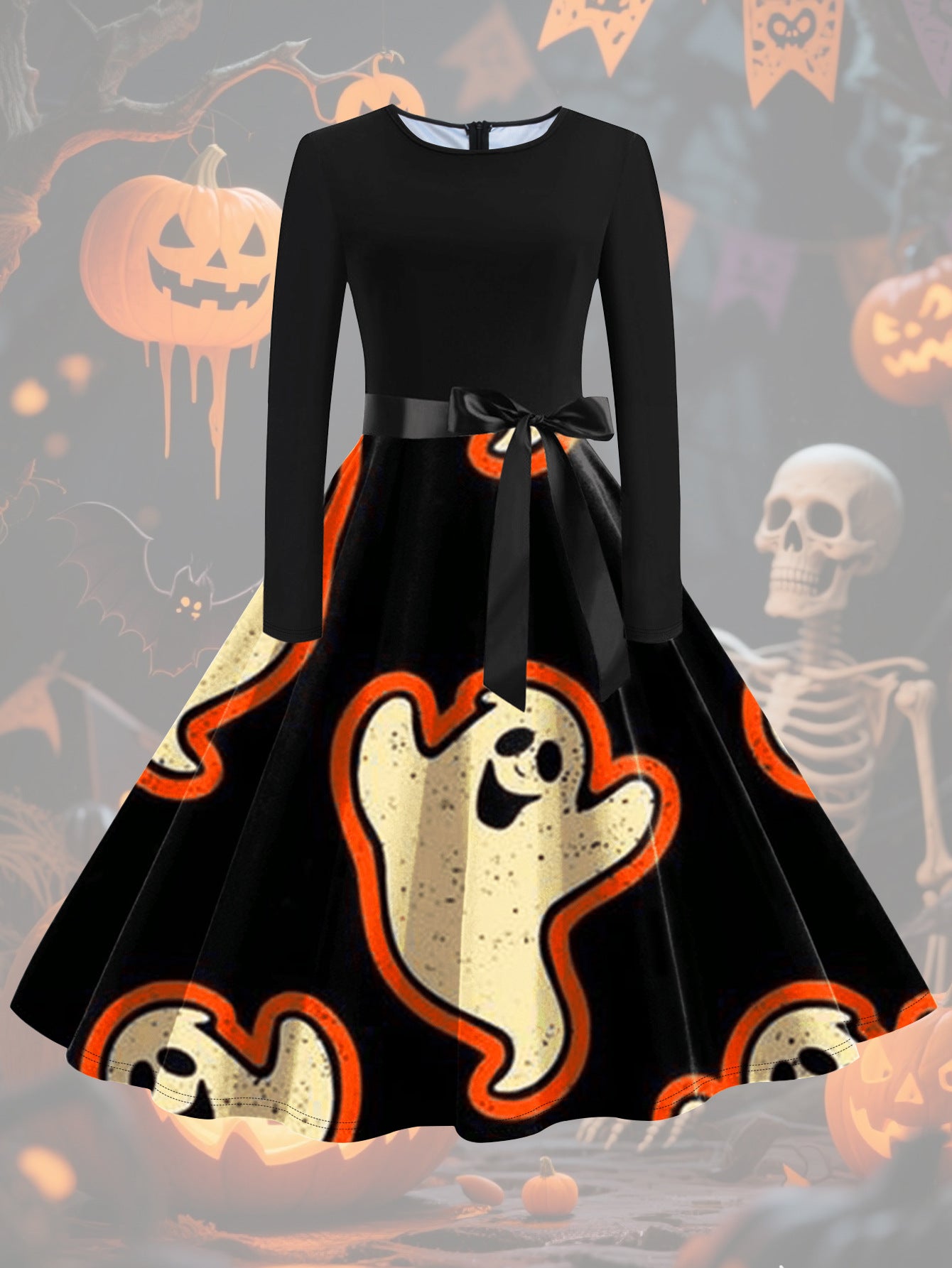 Women Halloween Long-Sleeved Round Neck Dress with Bow 6
