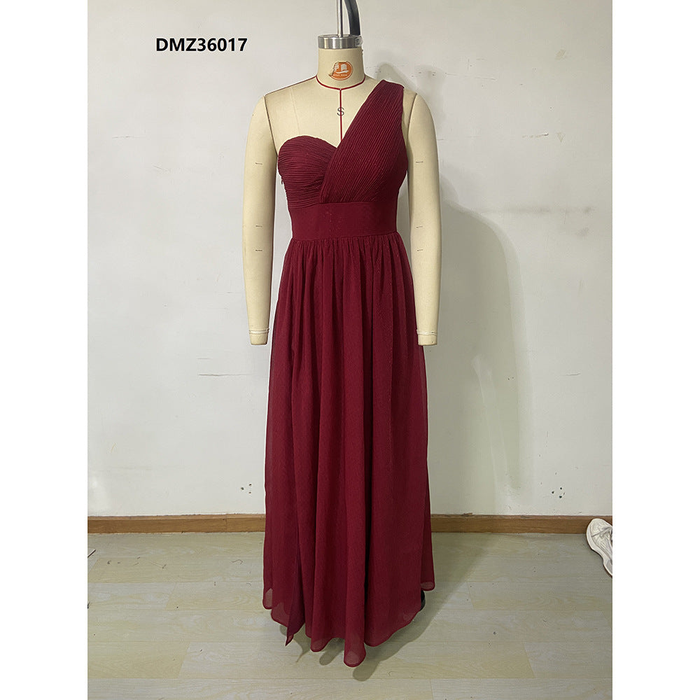 Autumn Winter Fashion Elegant One Shoulder Slim Pleated Formal Party Dress 5