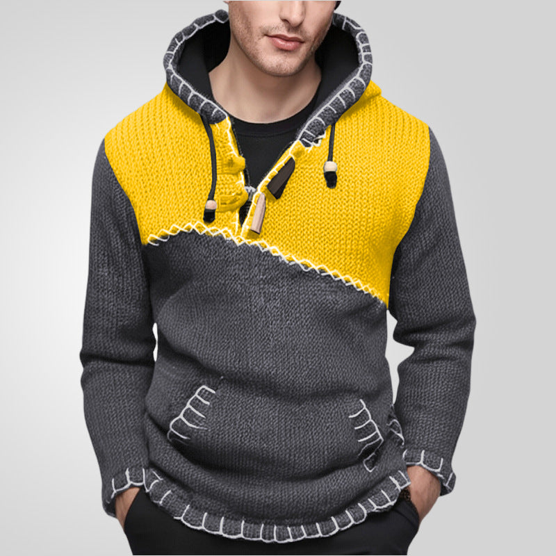 Men's Fashion Long-Sleeved Contrast Color Knitting Shirt Casual Hooded Pullover Sweater