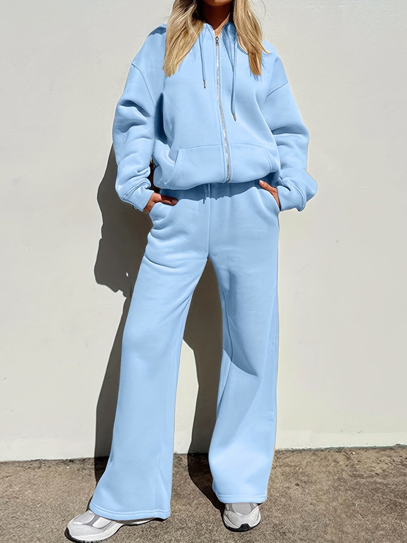 Women Casual Solid Hooded Top and Pant Two Piece Set 5