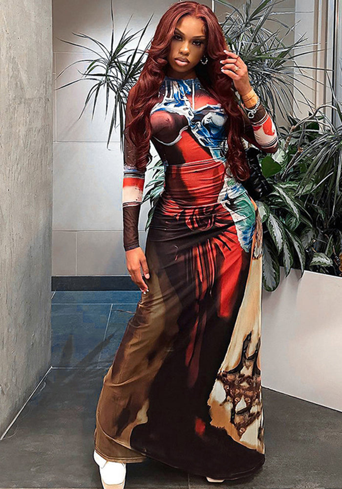 Women Autumn and Winter Street Sexy Bodycon Printed Maxi Dress