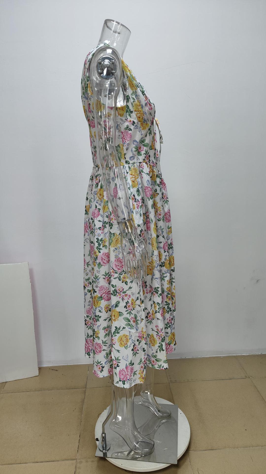 Autumn women's elegant fashion print Strap V-neck high waist Low Back a-line Dress 15