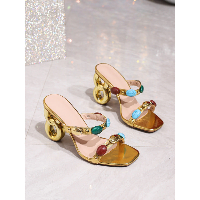 Women Summer Sexy Open-toe High-heeled Sandals Gem Decorated Roman High-heeled Sandals 3