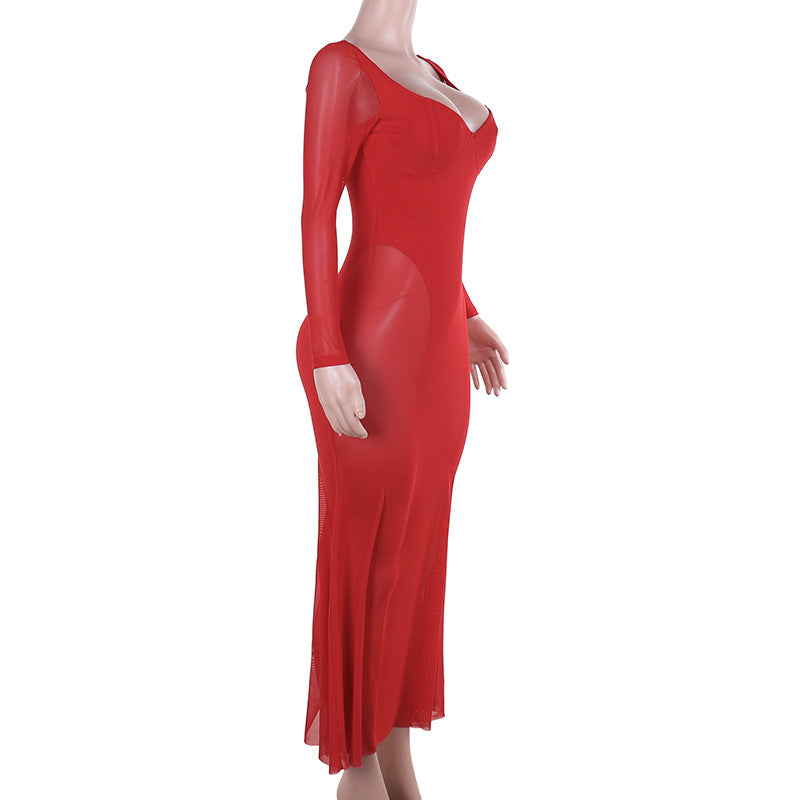 Women Fall Sexy Plunging Mesh Long-Sleeved Maxi Dress 10