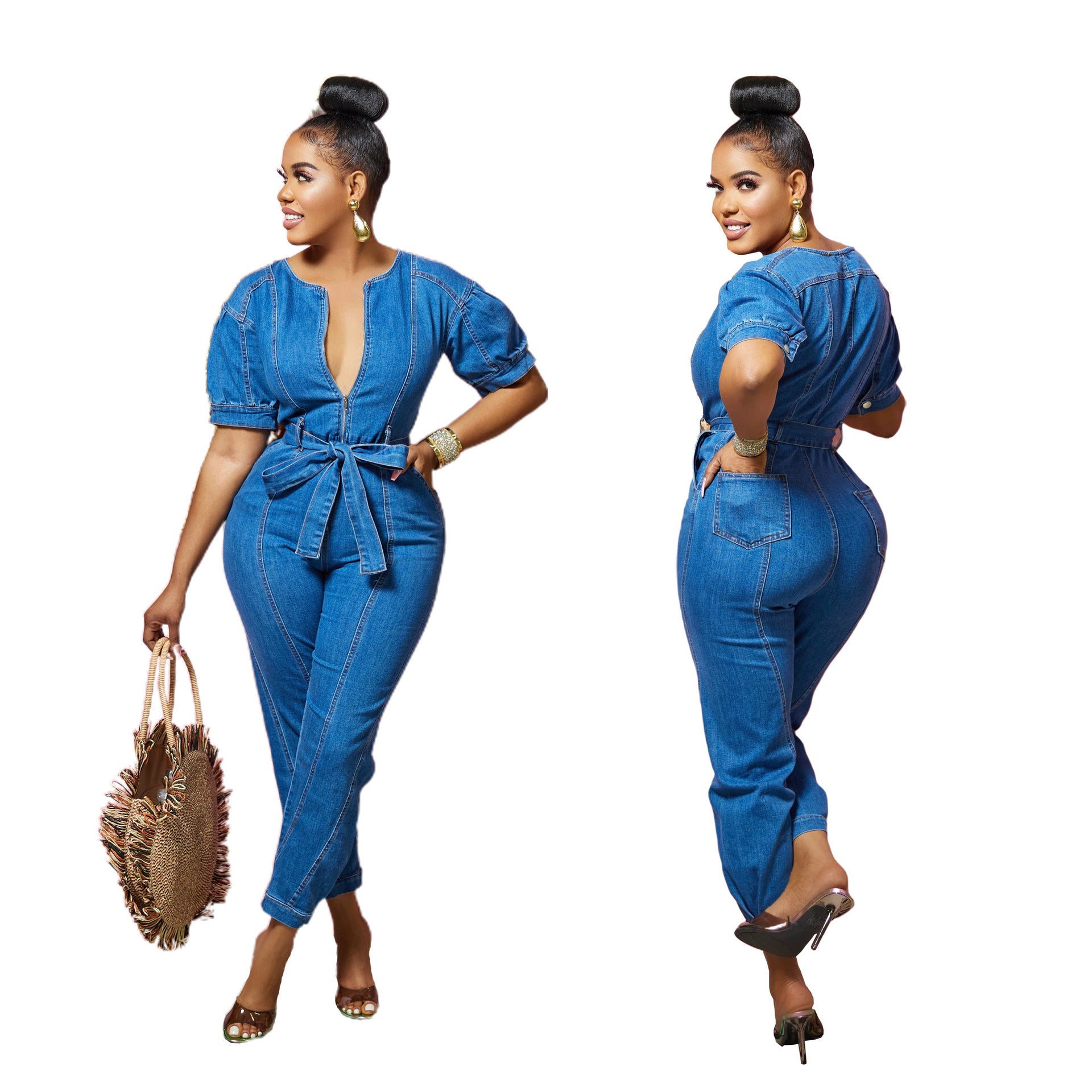 Women Washed Blue Chic Denim Jumpsuit 4