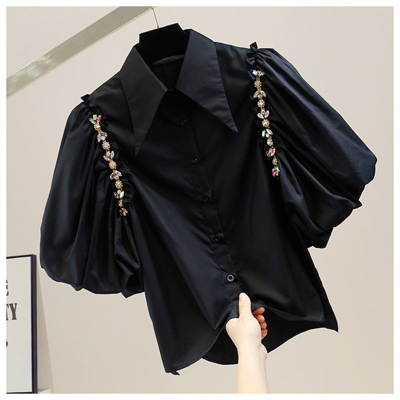 Embellished Rhinestone Chain Fashion Slit Retro Puff Sleeve Shirt 3