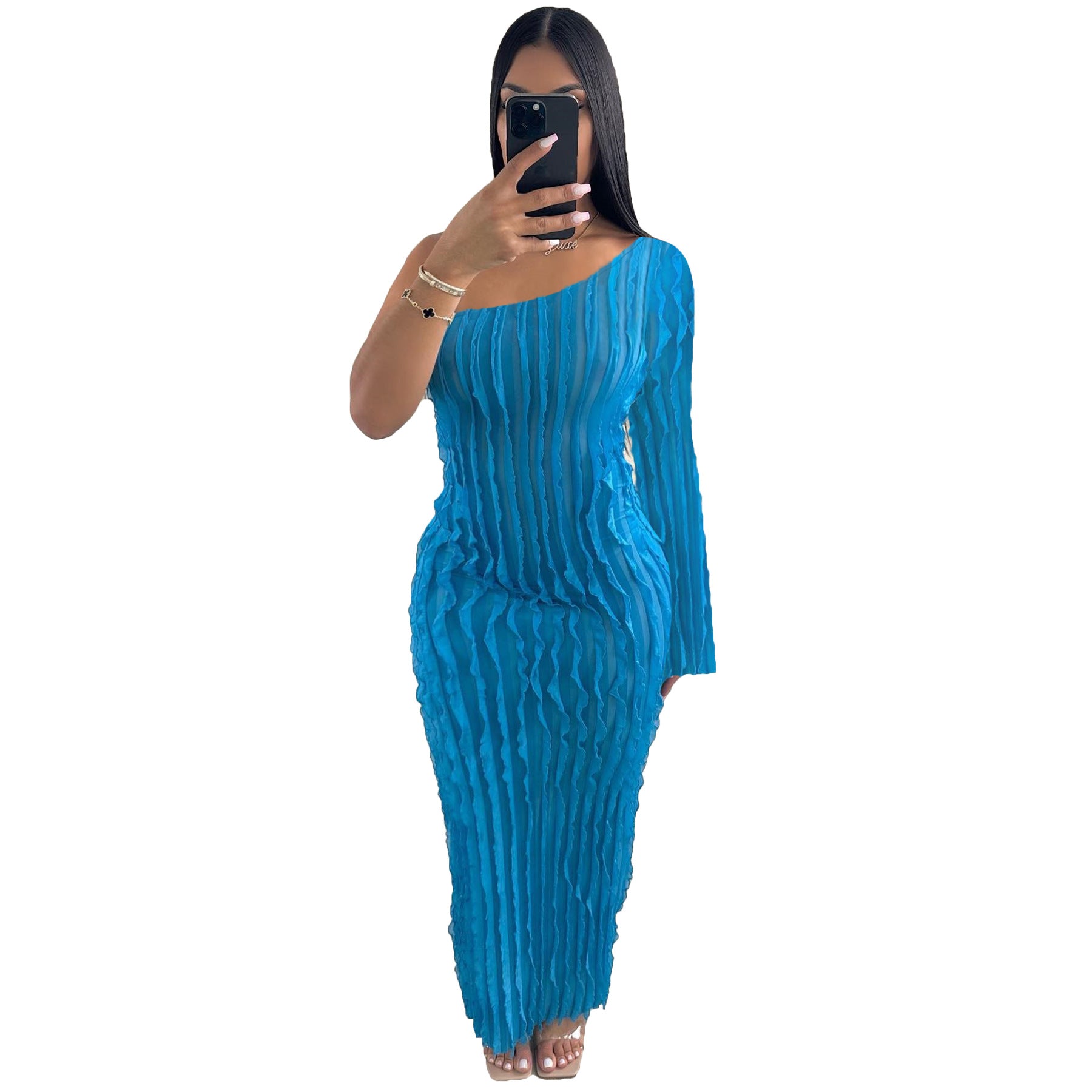Plus Size Women Fall Slash Shoulder One Sleeve Sexy Dress 7