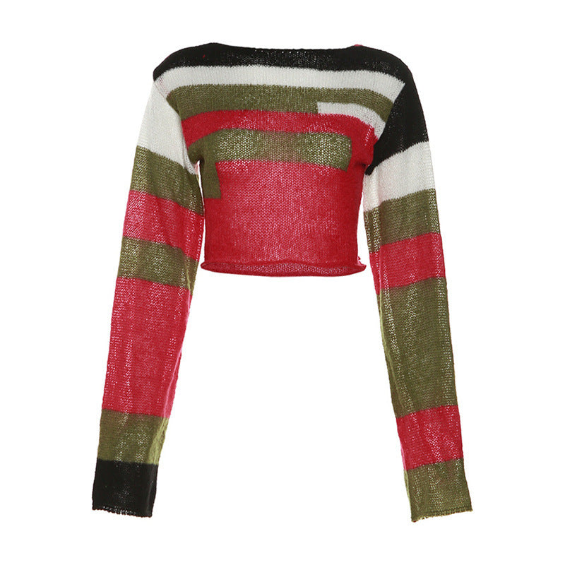 Autumn Women's Casual Contrast Color Knitting Round Neck Street Trendy Long Sleeve Tops For Women 8