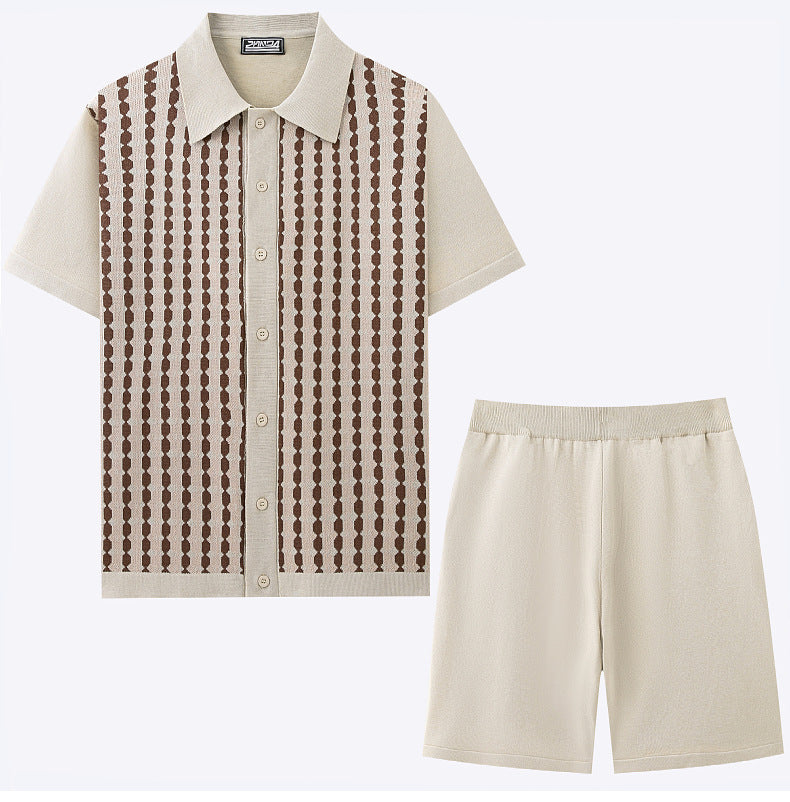 Men's Casual Knitting Short Sleeve Jacquard Polo Top and Shorts Two Piece 3