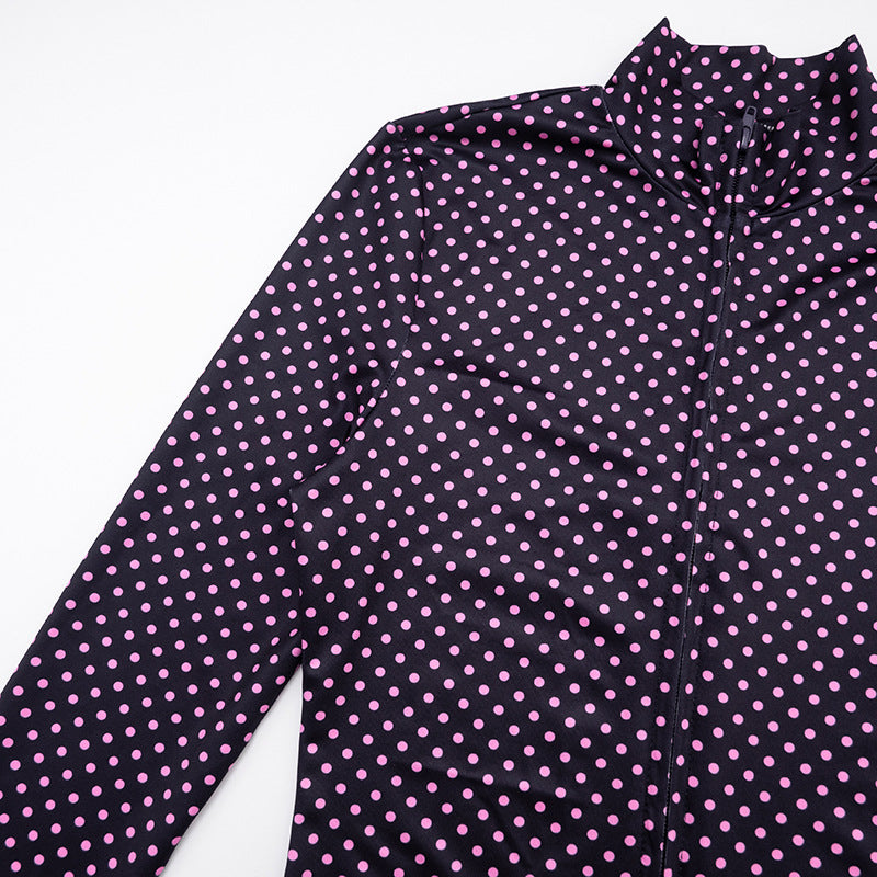 Women polka dot print long-sleeved zippered top and shorts two-piece set 10