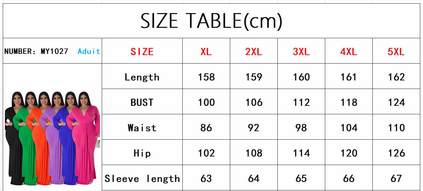 Plus Size Women's Solid Color Sexy Deep V Neck Long Sleeve Pleated Dress 13