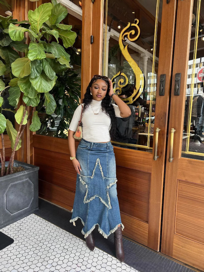 Women Half Star Patch Washed Denim Skirt 4