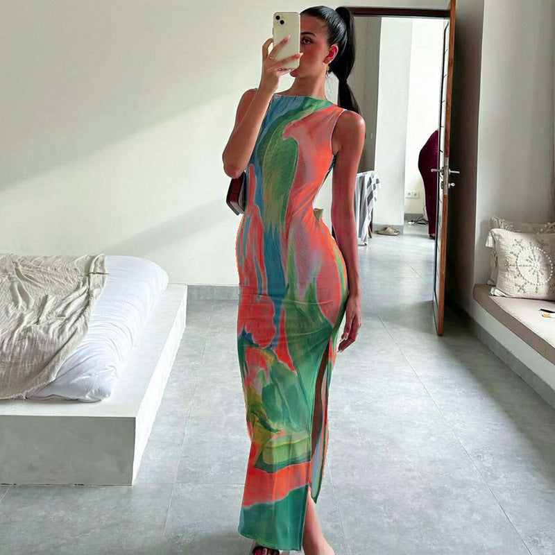 Women summer sexy Backless slit sleeveless dress 4