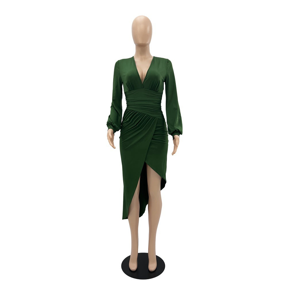 Women Sexy Long Sleeve V-Neck Irregular Slim Dress 16