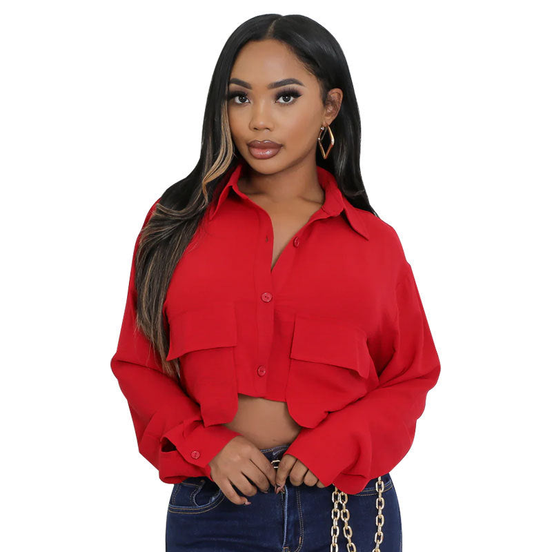 Women long-sleeved Solid button shirt 5