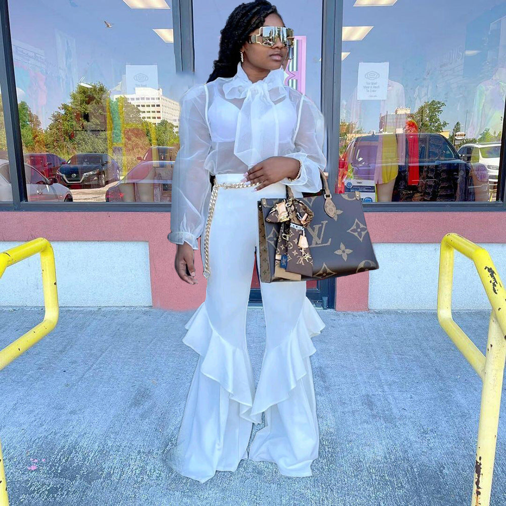 Sexy Mesh Tops Bell Bottom Pants Women's Casual Two Piece Set