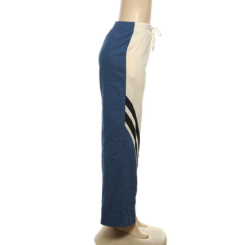 Women Contrast Stripe Patchwork Loose Wide Leg Pants 11