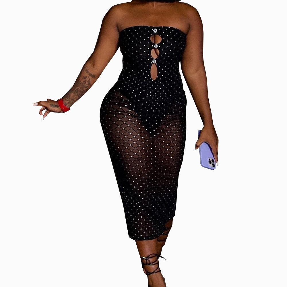 Women Autumn Mesh Backless Sleeveless See-Through Dress 6