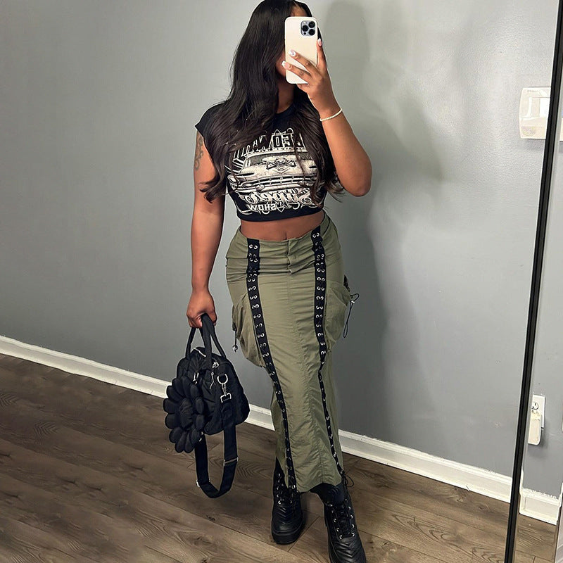 Women Lace-Up Contrast Pocket Patchwork Cargo Skirt 5