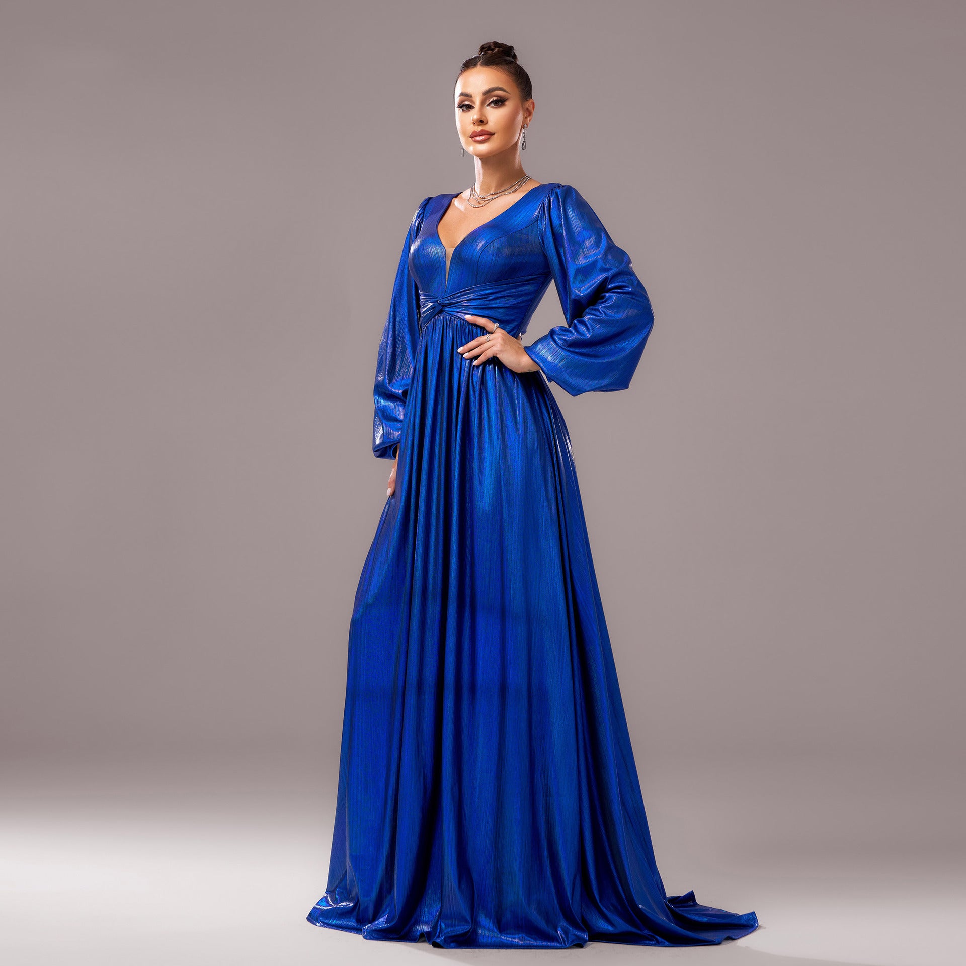 Women long-sleeved V-neck Formal Party Shiny evening dress 5