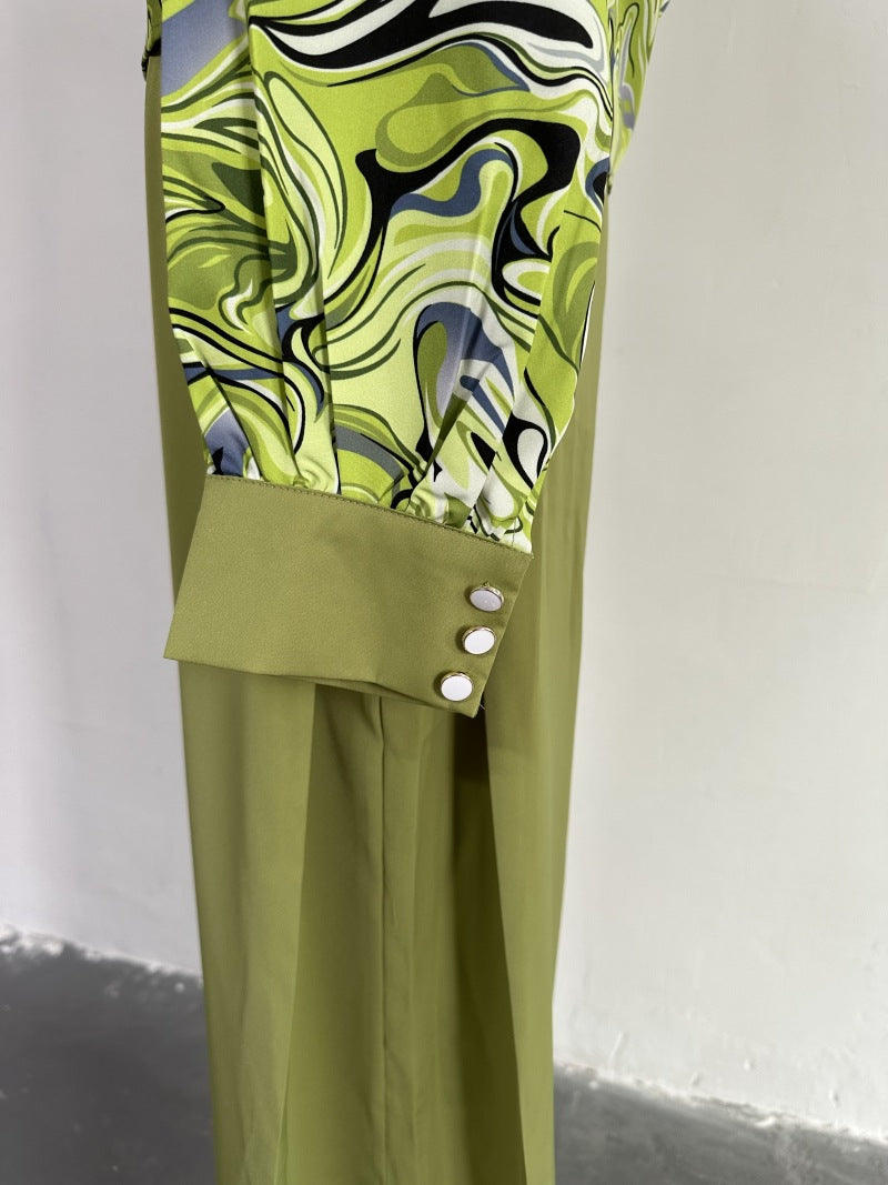 Women Autumn Printed Balloon Sleeve Shirt and Wide-leg Pants Casual Two-piece Set 16