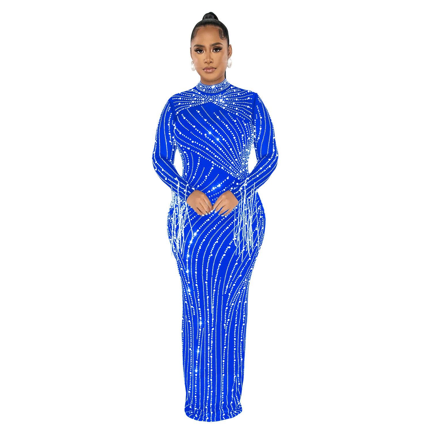 Women Mesh See-Through Beaded Long Sleeve Maxi Dress Set 9