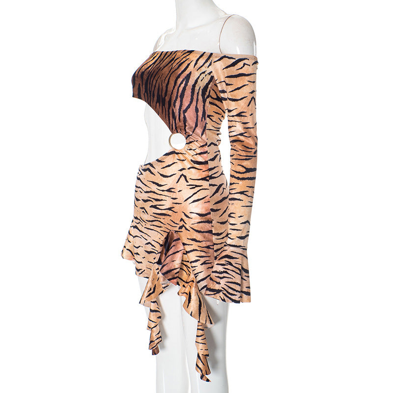 Off Shoulder Hollow Metal Ring Leopard Print Long Sleeve Dress 7