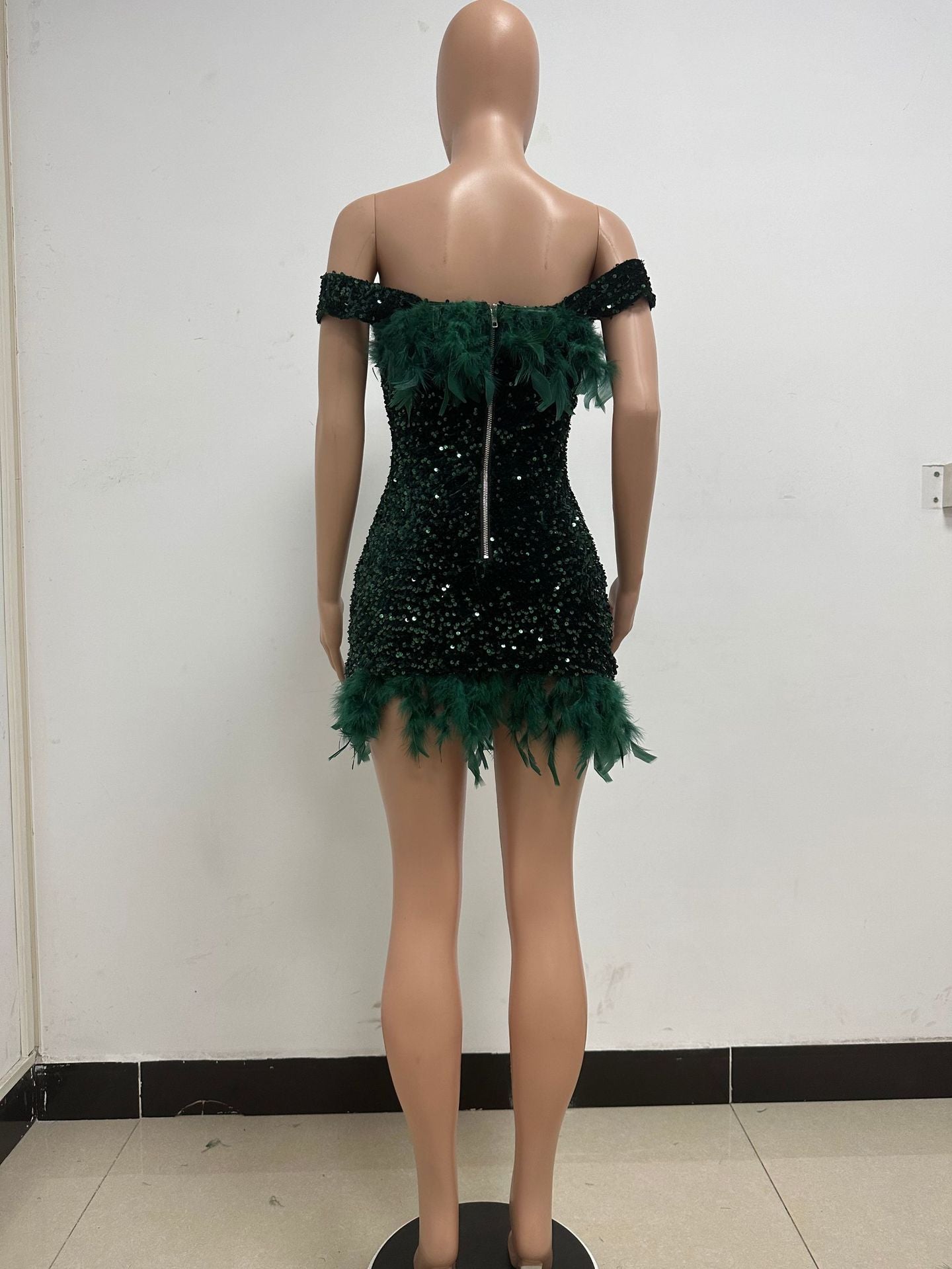 Women's Summer Sequin Low Back Beach Dress Off Shoulder Feather Bodycon Dress 22