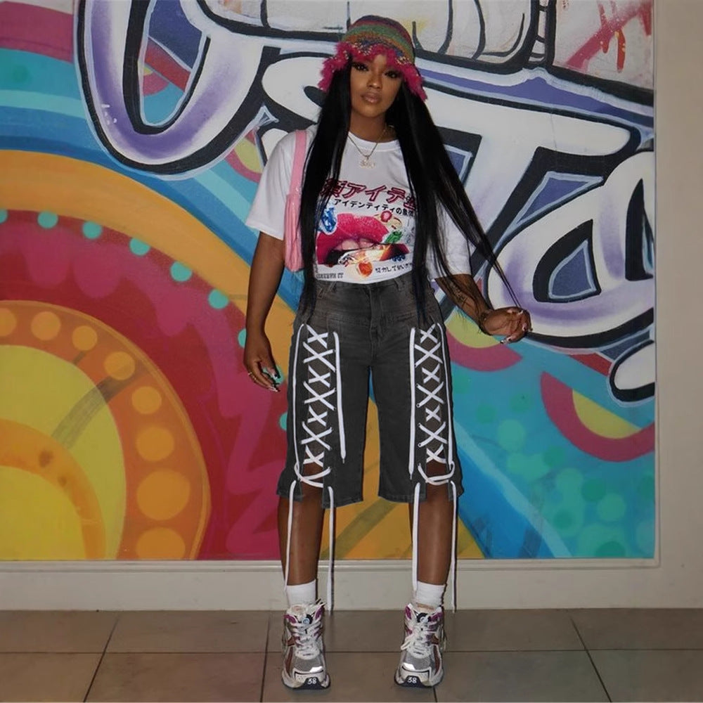 Women Retro Lace-Up Street Stretchy Washed Denim Shorts 7