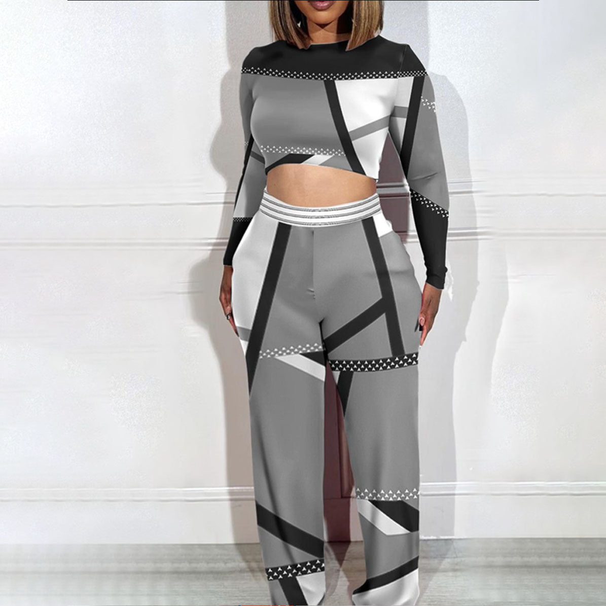 Women Printed Color Block Crop Top and Wide Leg Pants Two Piece Set 4