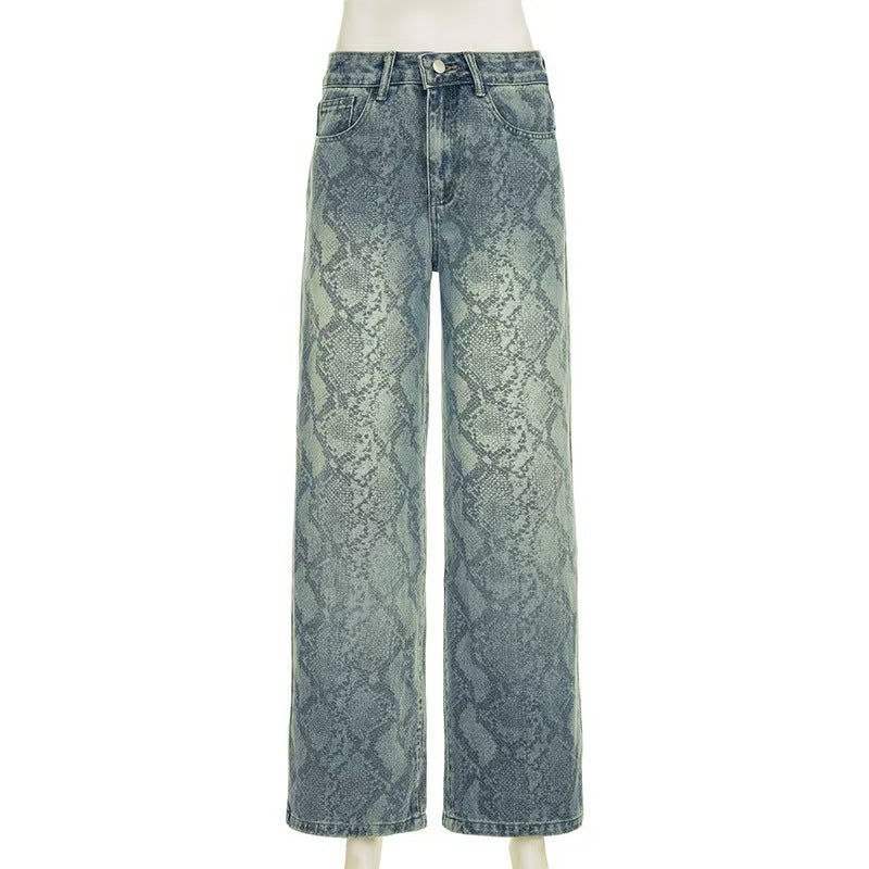 Women casual snake print denim Pant 8