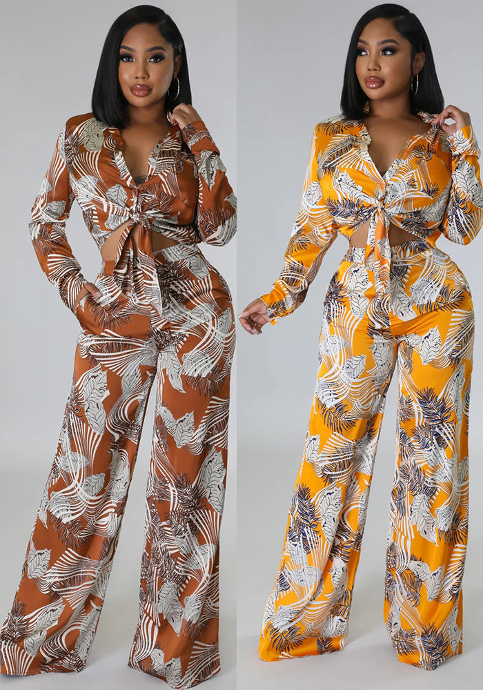 Summer Print Stand Collar Long Sleeve Shirt Top Wide Leg Pants Fashion Two-Piece Set