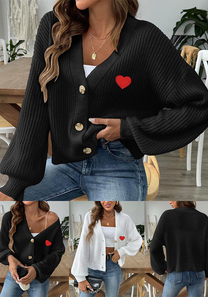 Ladies Knitted Cardigan Sweater Women's Autumn Winter Heart Embroidery Short Button Coat