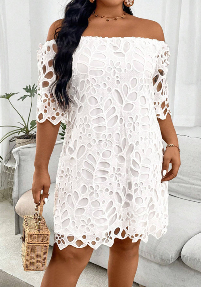 Women elegant Solid hollow laceOff Shoulder off-shoulder half-sleeve dress
