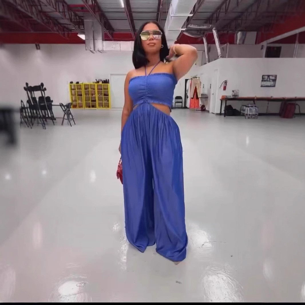 Women Sexy Suspender Wrap Wide Leg Jumpsuit 4