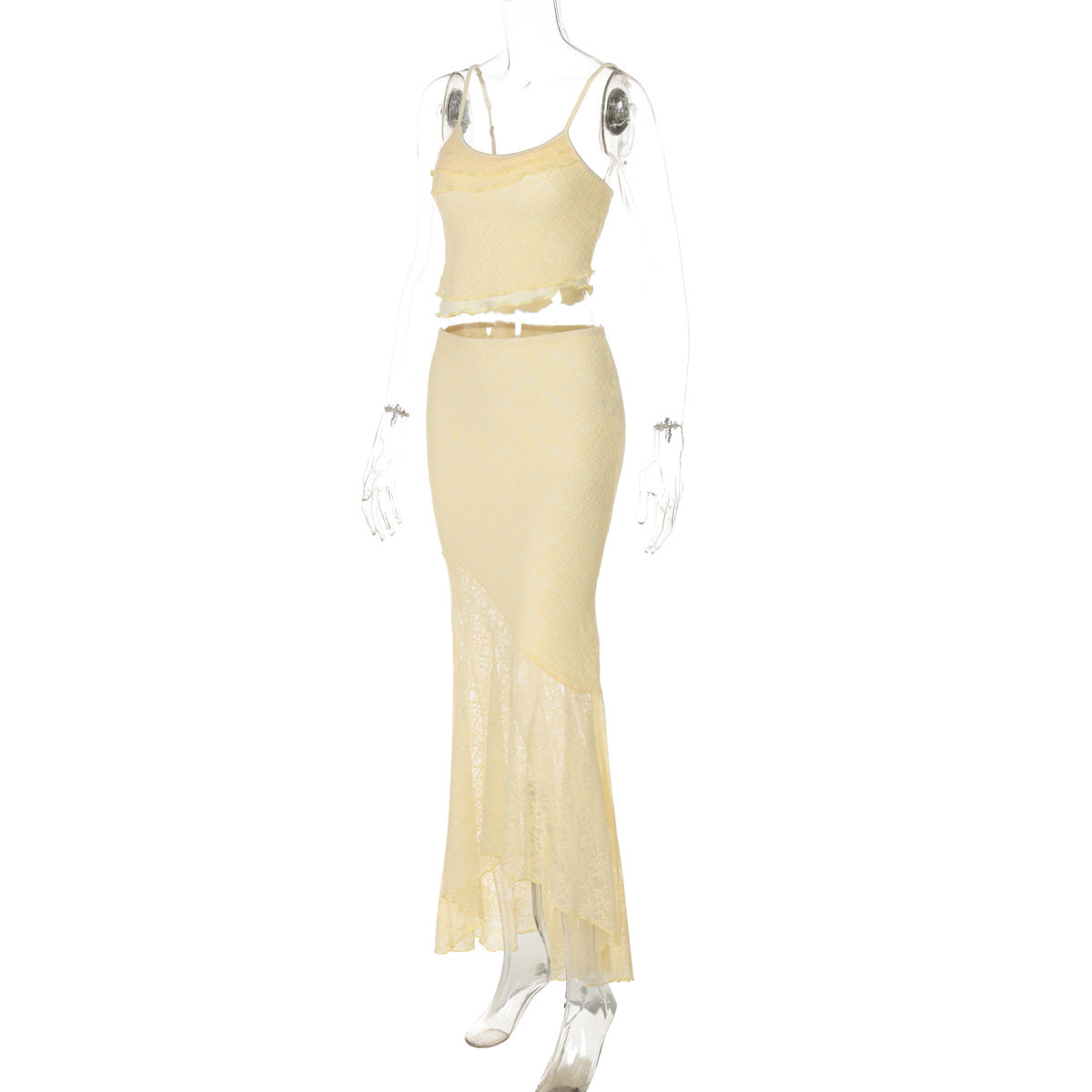 Women Summer Lace See-Through Ruffle Edge Crop Top and Skirt Two Piece Set 7