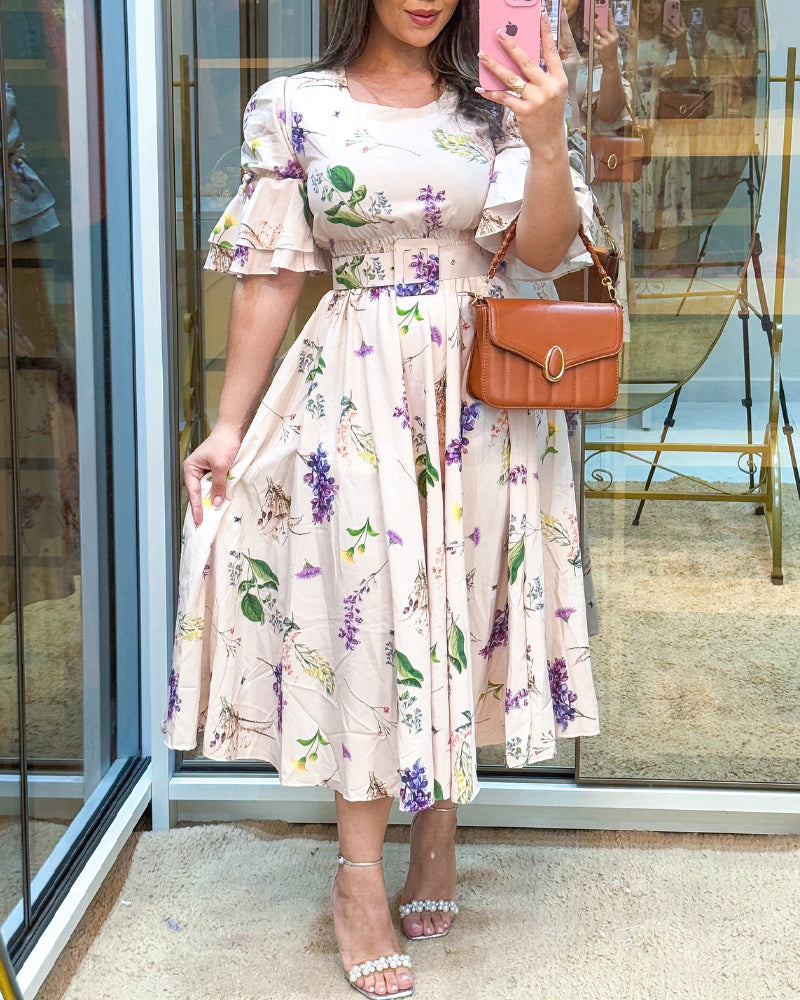 Fashion Floral Print Ruffle Sleeve Slim Waist Dress with Belt