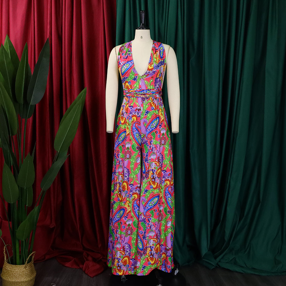 Plus Size Women African Print Halter Neck Beach Jumpsuit 15